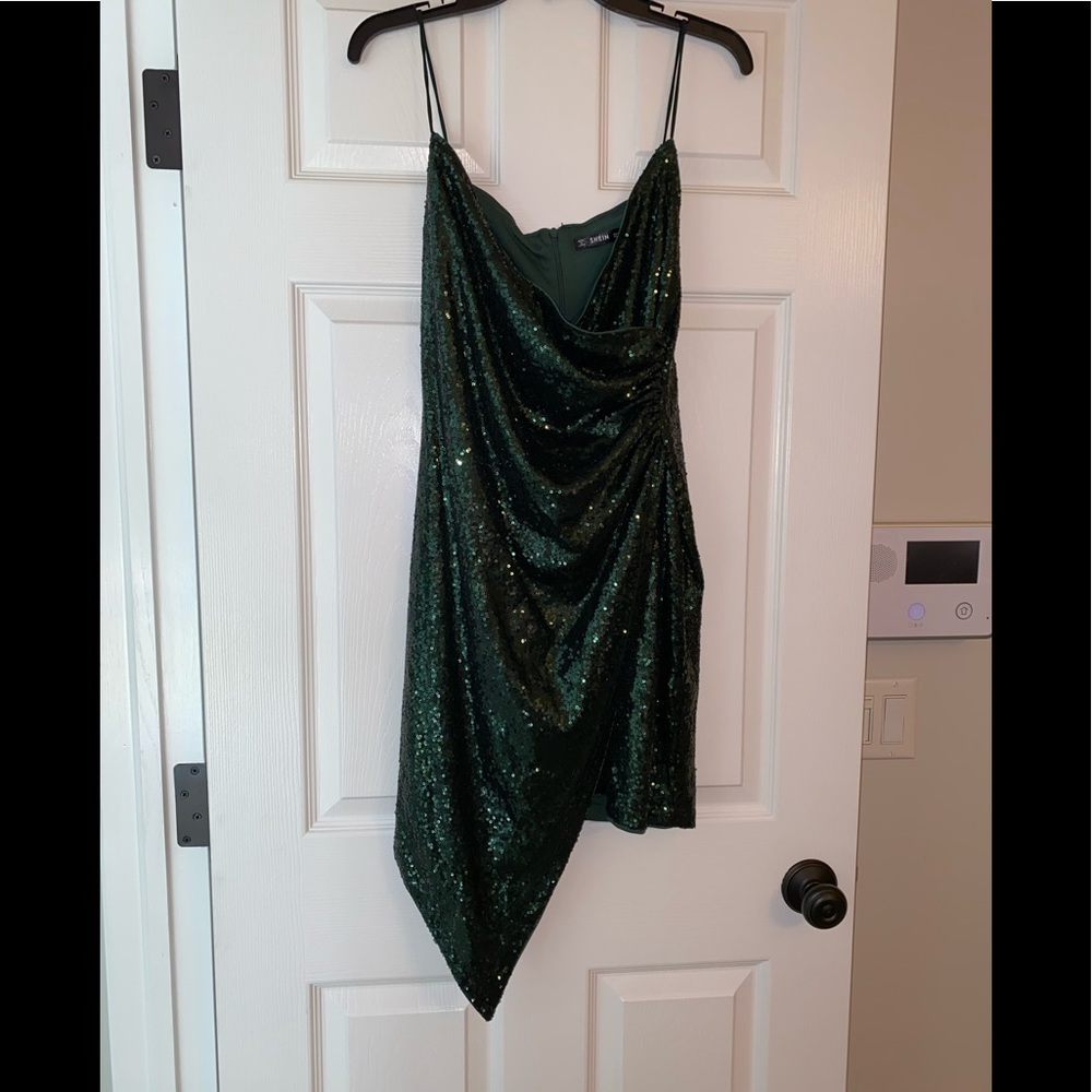 SHEIN Sequin Green Wrap Asymmetrical Cami Dress
